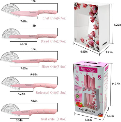 Kitchen Knife Set, Pink Flower 6PC Stainless Steel Sharp Chef Cooking Non-slip Knife Set with Acrylic Stand & Block, Non-stick Colorful Coating Gift for Women Girls (Pink)