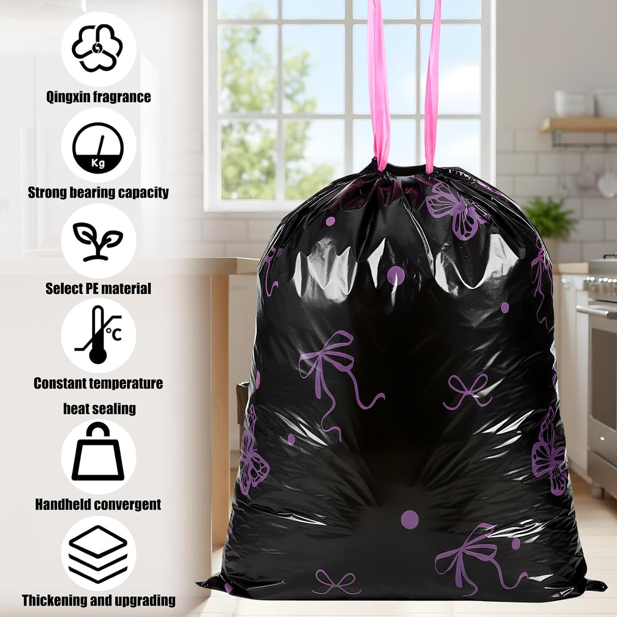 Pink Bow 4 Gallon Trash Bags Lavender Scented, 100 Count - Small Drawstring Garbage Bags No-tearing for Bathroom, Office, Kitchen, Home, Outdoor Camping