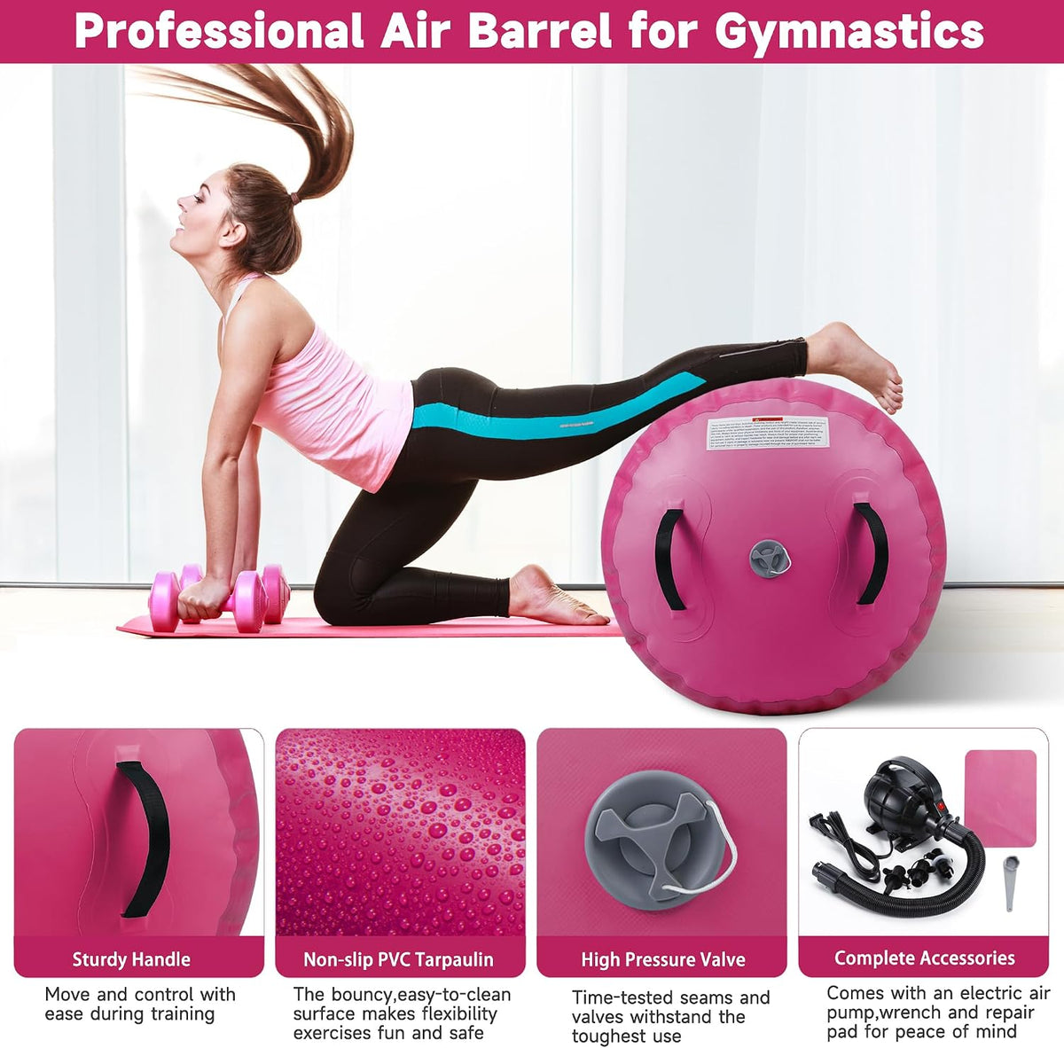 Air Barrel - Air Roller Gymnastics Barrel for Back Handspring Trainer, Air Tumble Mat with Pump for Gym Training/Yoga Balance Exercise/Cheerleading/Home and Outdoor Use