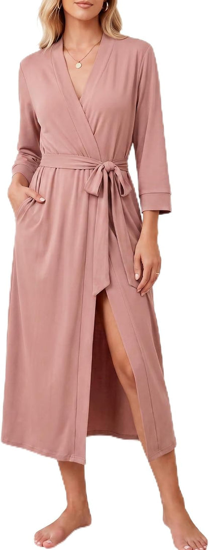Women Robes Long Knit Bathrobe Soft Kimono Loungewear with Pockets