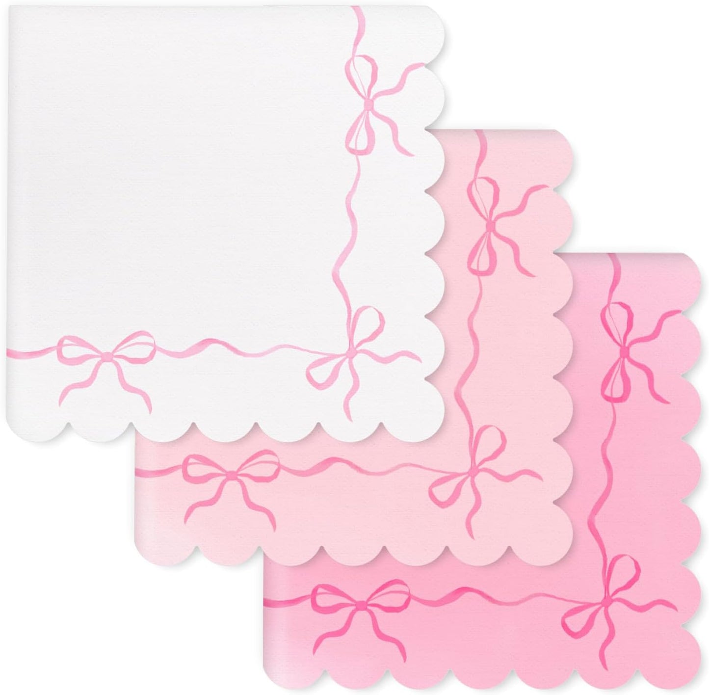 FYSUIMU 6 Pcs Pink Bow Cloth Napkin Scalloped Edge Coquette Bow Tie Dinner Napkin White Pink Reusable Kitchen Top Collection for Birthday Wedding Dining Table, 18 x 18 Inch
