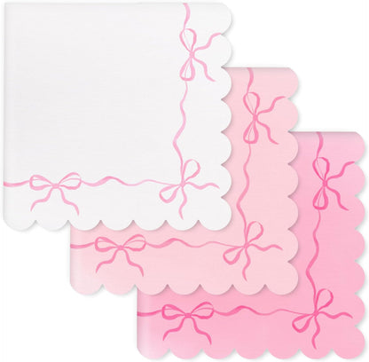 FYSUIMU 6 Pcs Pink Bow Cloth Napkin Scalloped Edge Coquette Bow Tie Dinner Napkin White Pink Reusable Kitchen Top Collection for Birthday Wedding Dining Table, 18 x 18 Inch