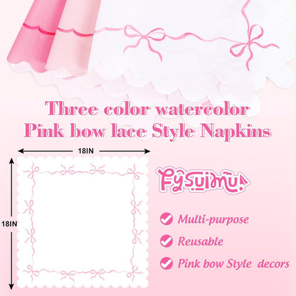 FYSUIMU 6 Pcs Pink Bow Cloth Napkin Scalloped Edge Coquette Bow Tie Dinner Napkin White Pink Reusable Kitchen Top Collection for Birthday Wedding Dining Table, 18 x 18 Inch