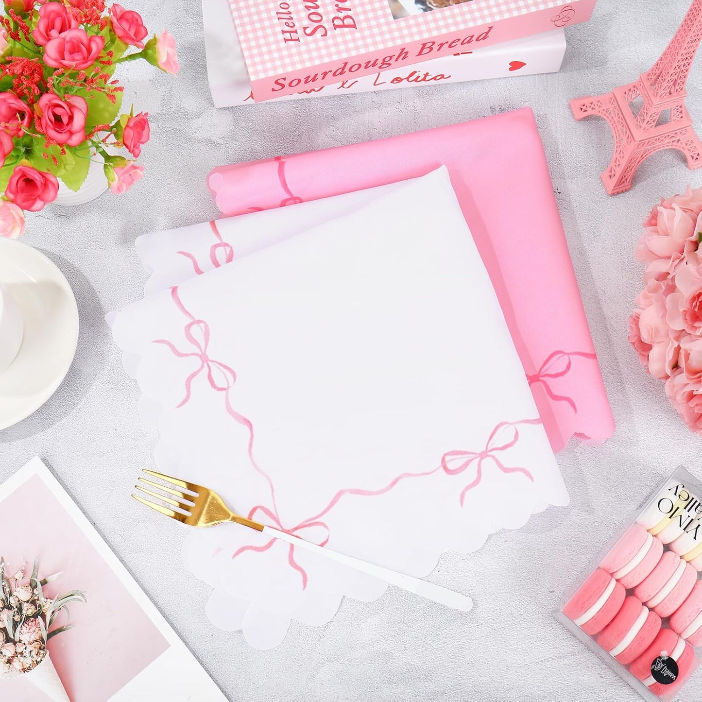 FYSUIMU 6 Pcs Pink Bow Cloth Napkin Scalloped Edge Coquette Bow Tie Dinner Napkin White Pink Reusable Kitchen Top Collection for Birthday Wedding Dining Table, 18 x 18 Inch