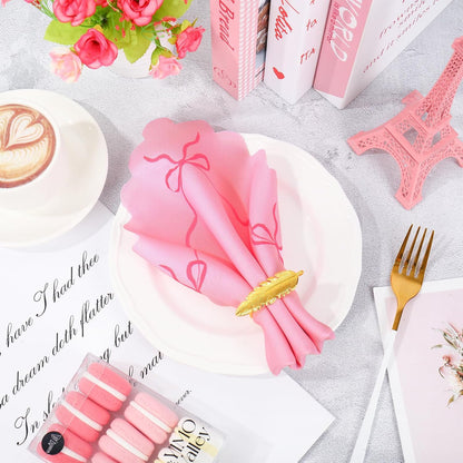 FYSUIMU 6 Pcs Pink Bow Cloth Napkin Scalloped Edge Coquette Bow Tie Dinner Napkin White Pink Reusable Kitchen Top Collection for Birthday Wedding Dining Table, 18 x 18 Inch