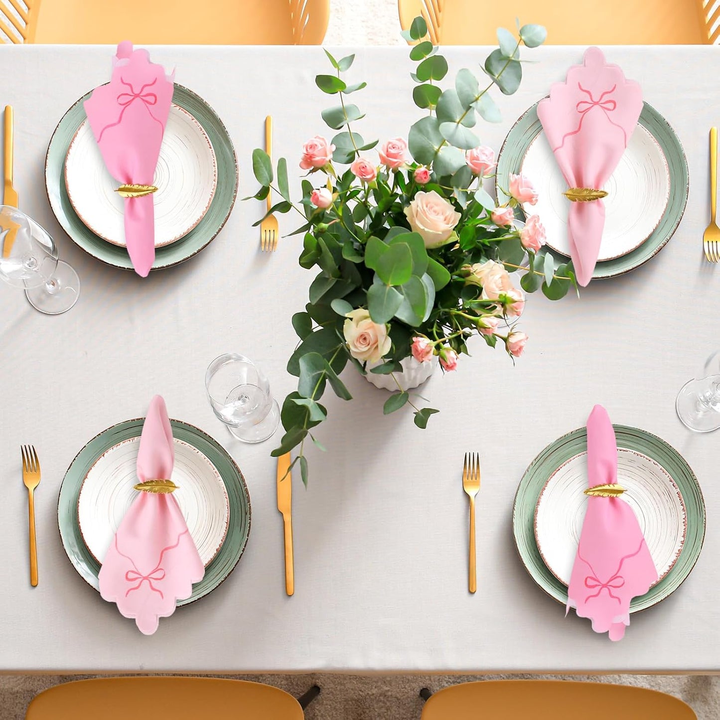 FYSUIMU 6 Pcs Pink Bow Cloth Napkin Scalloped Edge Coquette Bow Tie Dinner Napkin White Pink Reusable Kitchen Top Collection for Birthday Wedding Dining Table, 18 x 18 Inch