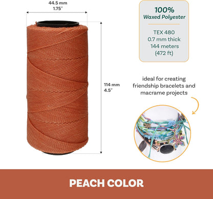 Knot It Waxed Polyester Cord – Peach Color – 0.7mm Diameter – Light Wax, 144 Meters (472 Feet) Per Spool – Make Jewelry, Macrame, Friendship Bracelets and DIY Crafts