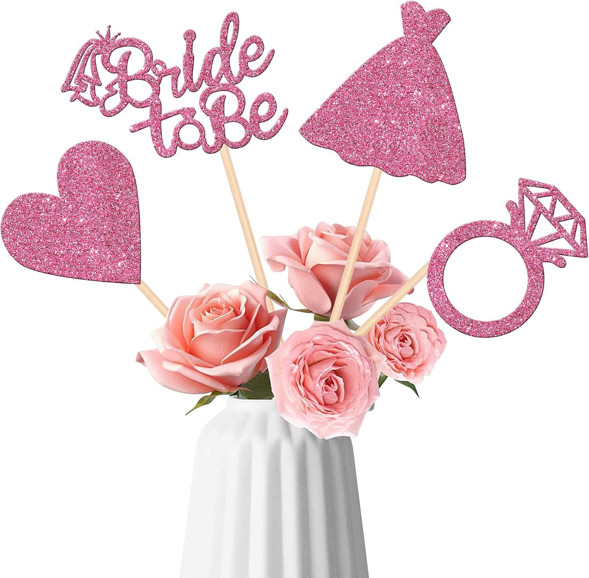 12 PCS Bride to Be Centerpiece Sticks Double Sided Glitter Heart Ring Dress Bridal Shower Table Flower Centerpieces for Wedding Engagement Bachelorette Party Flower Decorations Supplies Pink