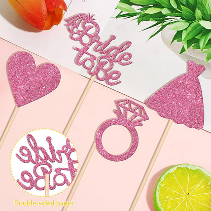 12 PCS Bride to Be Centerpiece Sticks Double Sided Glitter Heart Ring Dress Bridal Shower Table Flower Centerpieces for Wedding Engagement Bachelorette Party Flower Decorations Supplies Pink