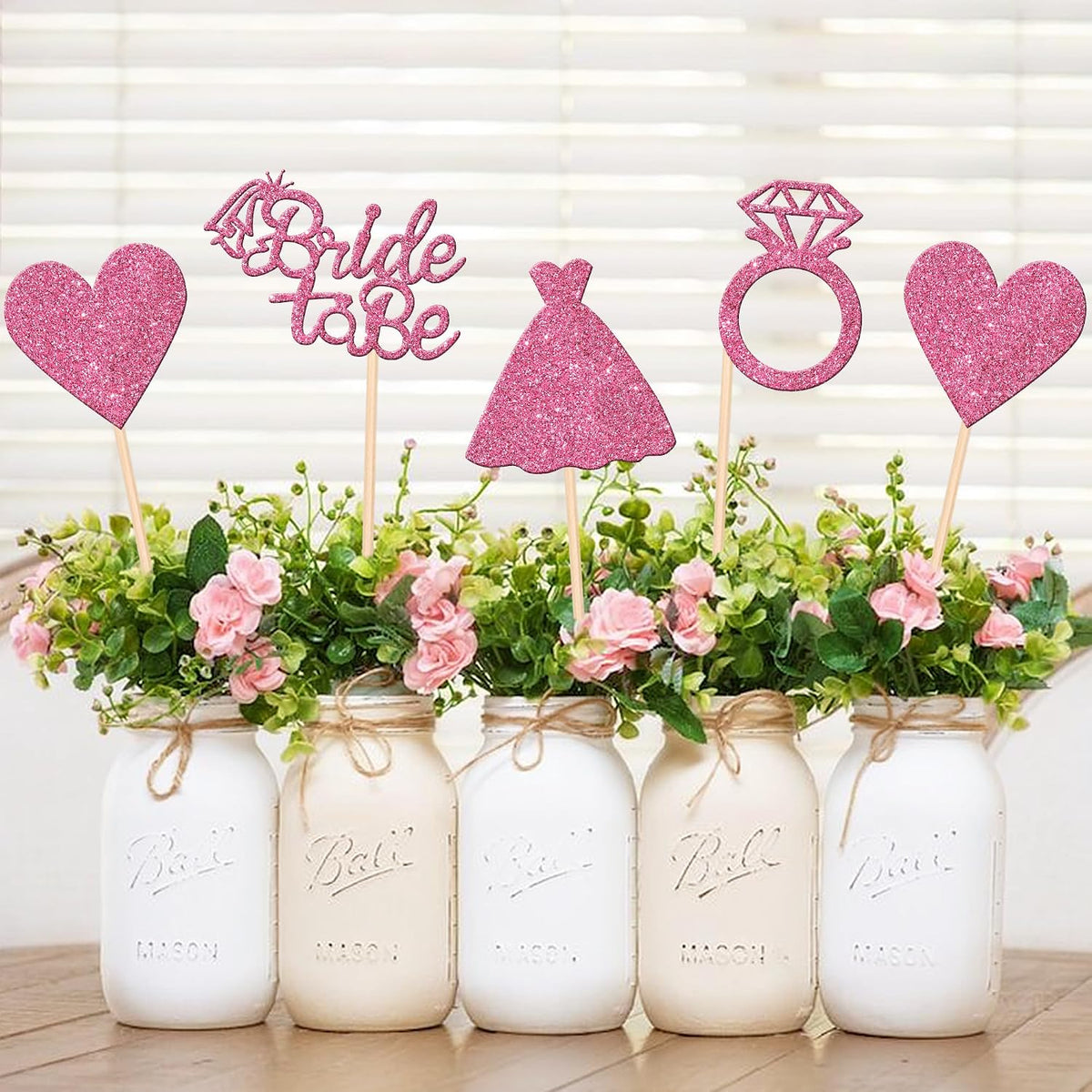 12 PCS Bride to Be Centerpiece Sticks Double Sided Glitter Heart Ring Dress Bridal Shower Table Flower Centerpieces for Wedding Engagement Bachelorette Party Flower Decorations Supplies Pink