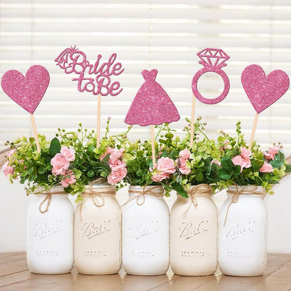 12 PCS Bride to Be Centerpiece Sticks Double Sided Glitter Heart Ring Dress Bridal Shower Table Flower Centerpieces for Wedding Engagement Bachelorette Party Flower Decorations Supplies Pink