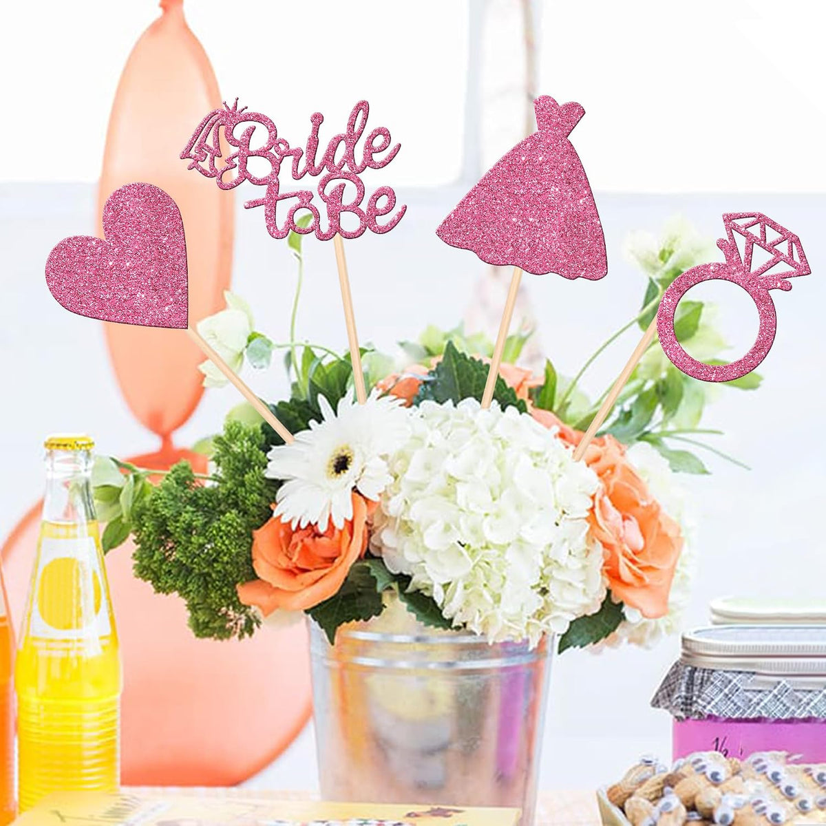 12 PCS Bride to Be Centerpiece Sticks Double Sided Glitter Heart Ring Dress Bridal Shower Table Flower Centerpieces for Wedding Engagement Bachelorette Party Flower Decorations Supplies Pink