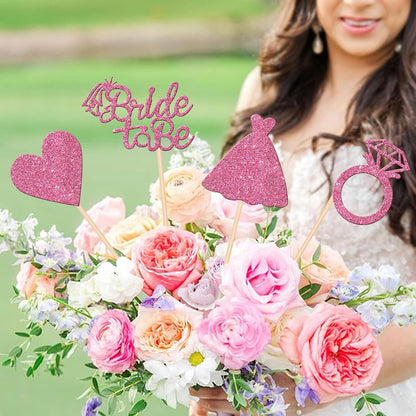 12 PCS Bride to Be Centerpiece Sticks Double Sided Glitter Heart Ring Dress Bridal Shower Table Flower Centerpieces for Wedding Engagement Bachelorette Party Flower Decorations Supplies Pink