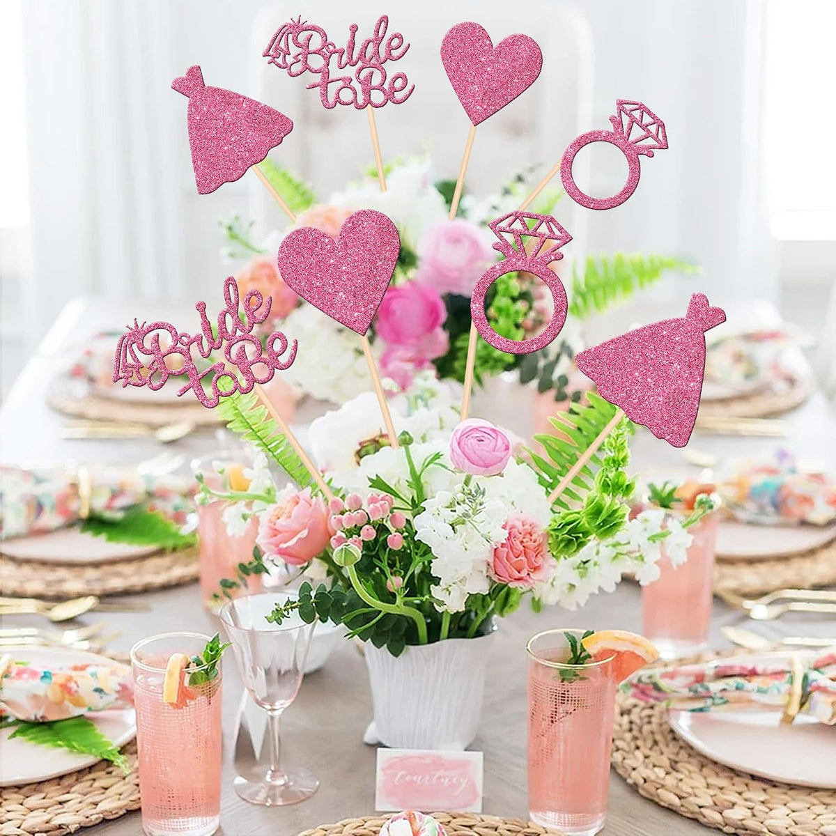 12 PCS Bride to Be Centerpiece Sticks Double Sided Glitter Heart Ring Dress Bridal Shower Table Flower Centerpieces for Wedding Engagement Bachelorette Party Flower Decorations Supplies Pink