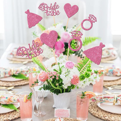 12 PCS Bride to Be Centerpiece Sticks Double Sided Glitter Heart Ring Dress Bridal Shower Table Flower Centerpieces for Wedding Engagement Bachelorette Party Flower Decorations Supplies Pink