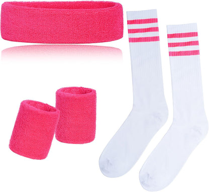 5 Pieces Striped Sweatbands and Socks Set, Sports Sweatbands Wrist Sweat Bands Red, White& Blue High Tube Socks 80s Accessories Costumes for Men Women