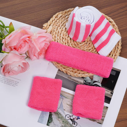 5 Pieces Striped Sweatbands and Socks Set, Sports Sweatbands Wrist Sweat Bands Red, White& Blue High Tube Socks 80s Accessories Costumes for Men Women