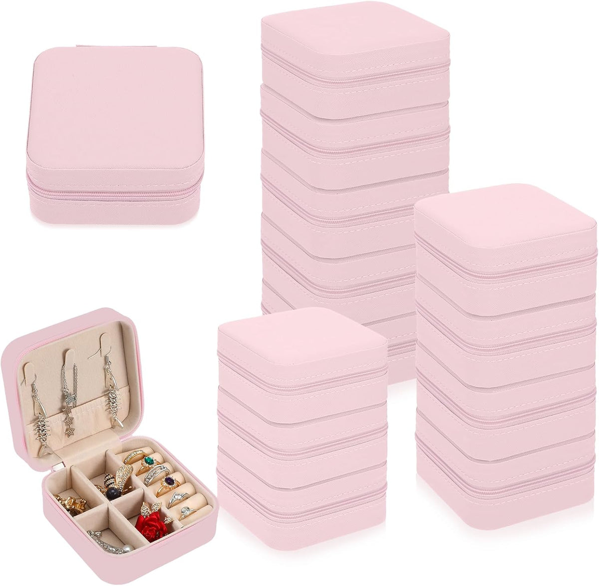 12pcs Mini Travel Jewelry Case,Bridesmaids Proposal Small Jewelry Box Mini Jewelry Organizer,Small PU Leather Portable Storage Box for Rings,Earrings,Necklaces,Bracelets(cherry blossom pink)