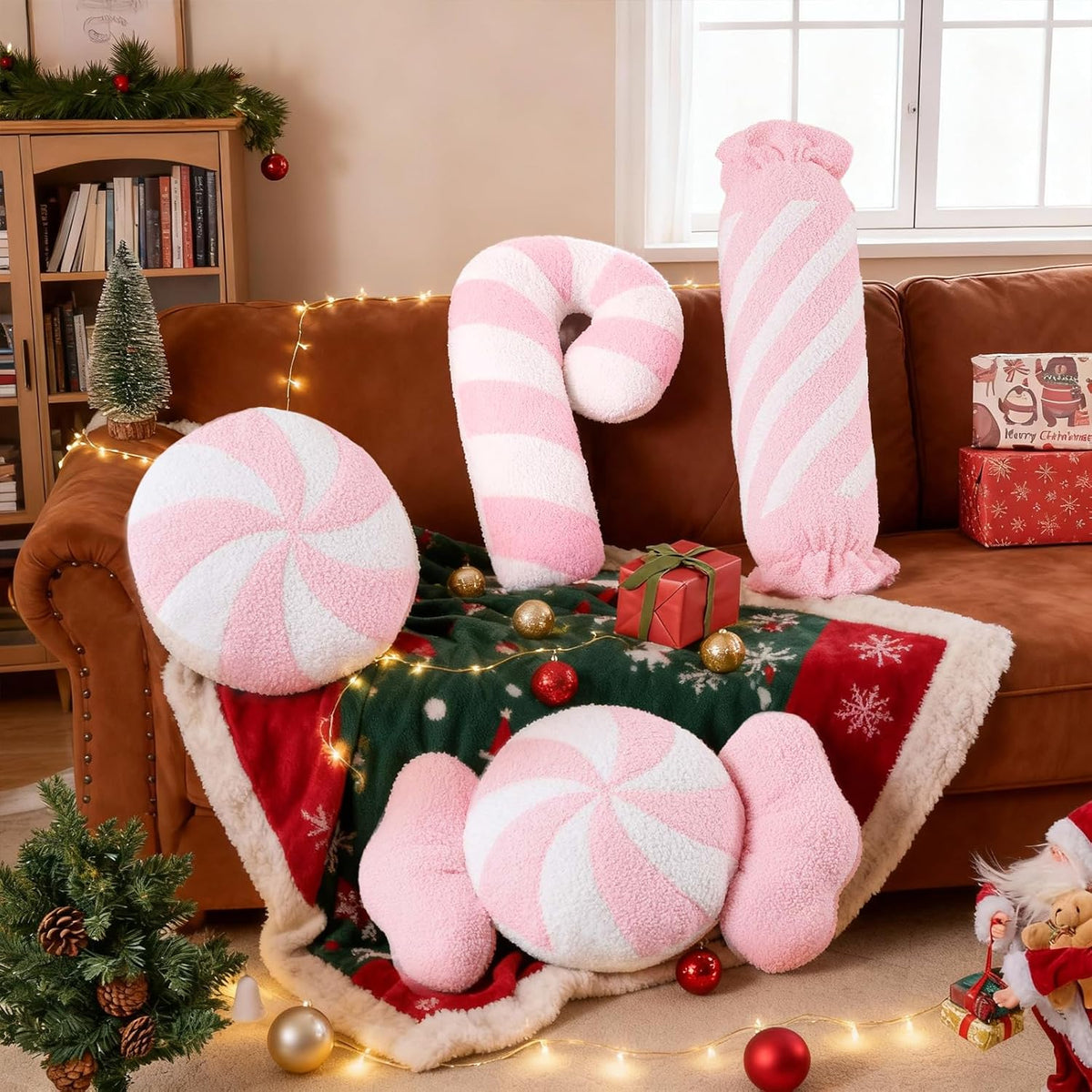 Christmas Candy Pillows Set of 4, Christmas Decoration Winter Throw Pillows Soft Fleece Cute Long Lumbar Candy Cane Bow Lollipop Peppermint Cushion for Sofa Bedroom Xmas Decor (Pink)