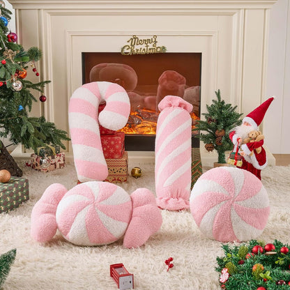 Christmas Candy Pillows Set of 4, Christmas Decoration Winter Throw Pillows Soft Fleece Cute Long Lumbar Candy Cane Bow Lollipop Peppermint Cushion for Sofa Bedroom Xmas Decor (Pink)