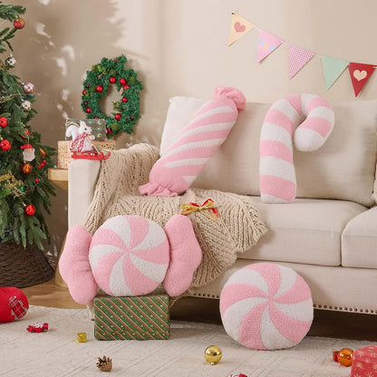 Christmas Candy Pillows Set of 4, Christmas Decoration Winter Throw Pillows Soft Fleece Cute Long Lumbar Candy Cane Bow Lollipop Peppermint Cushion for Sofa Bedroom Xmas Decor (Pink)
