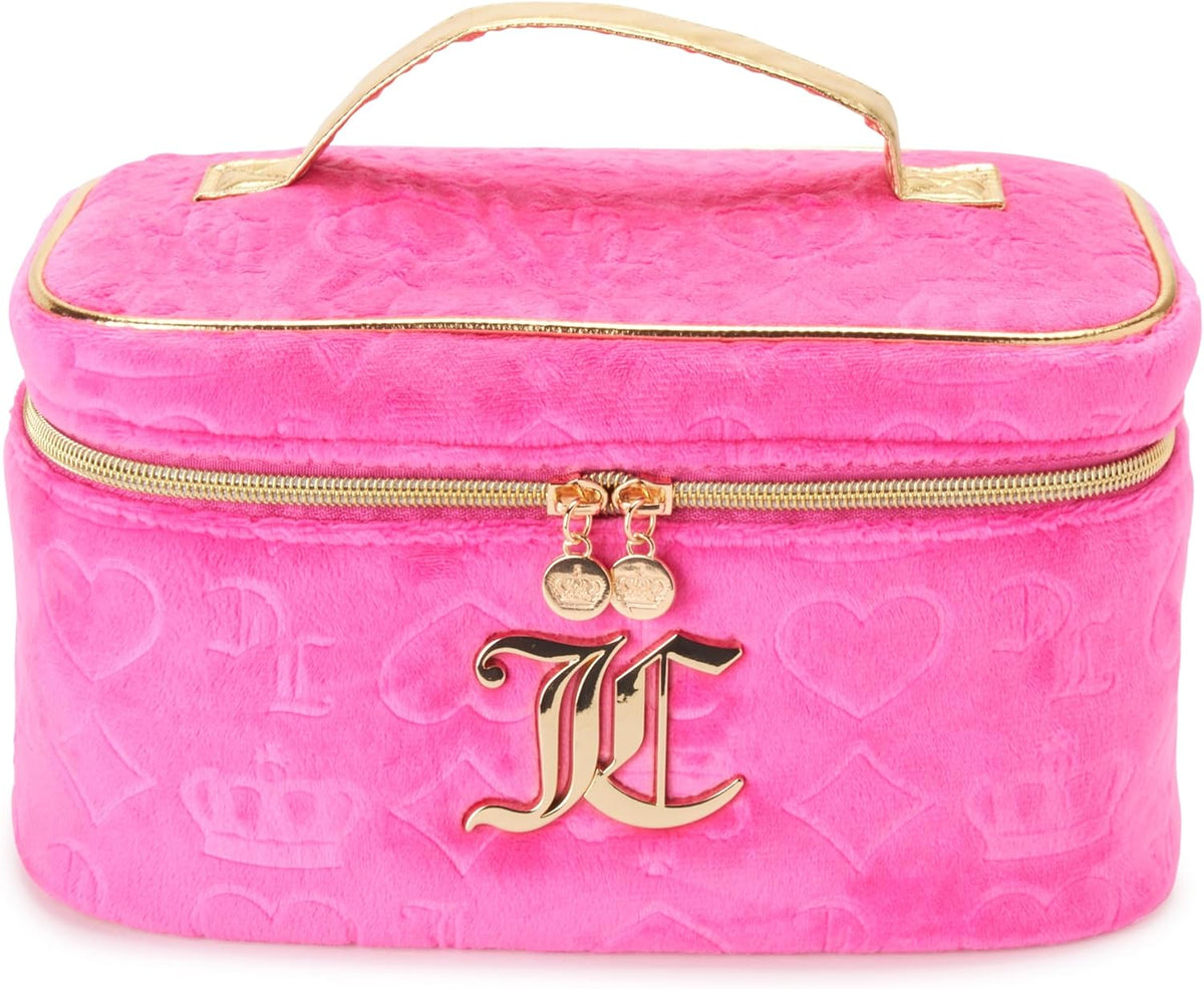 Hot Pink Makeup Bag, Velour Train Case, Heart Crown