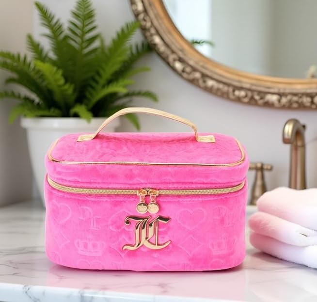 Hot Pink Makeup Bag, Velour Train Case, Heart Crown