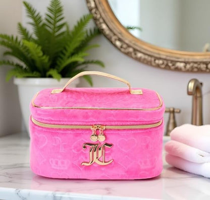 Hot Pink Makeup Bag, Velour Train Case, Heart Crown