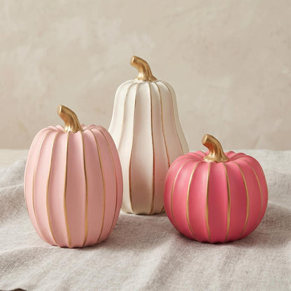 White Pink and Gold Pumpkin Decor, 3Pcs Resin Pumpkin Figurines Fall Decor