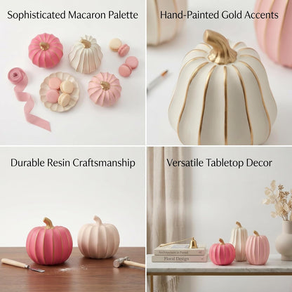 White Pink and Gold Pumpkin Decor, 3Pcs Resin Pumpkin Figurines Fall Decor