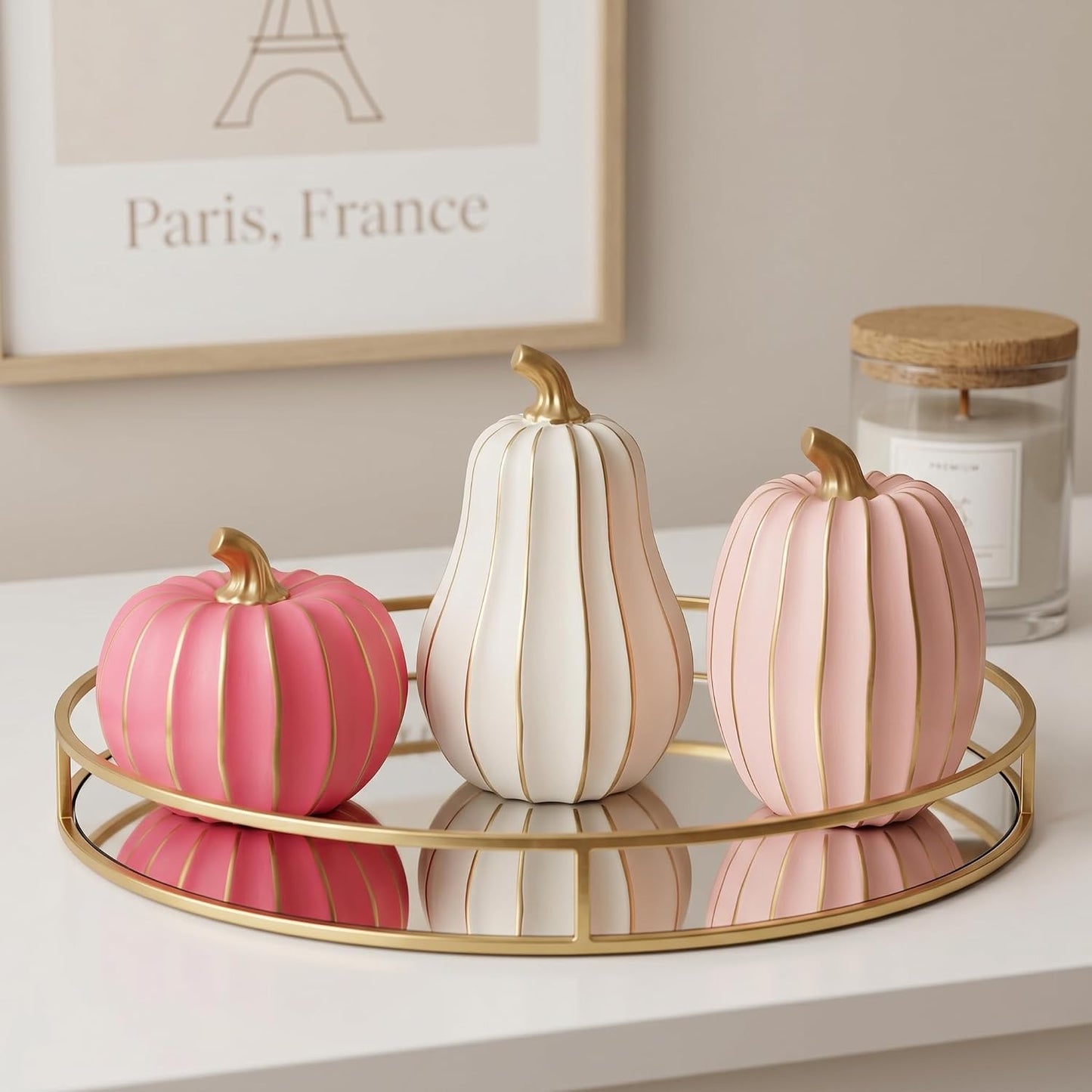 White Pink and Gold Pumpkin Decor, 3Pcs Resin Pumpkin Figurines Fall Decor
