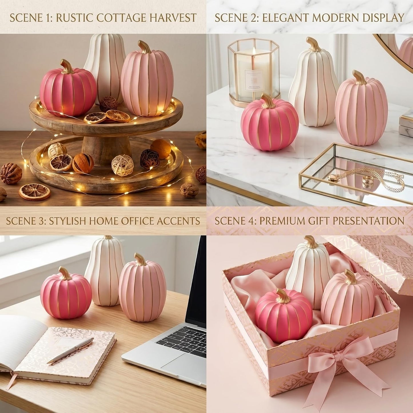 White Pink and Gold Pumpkin Decor, 3Pcs Resin Pumpkin Figurines Fall Decor