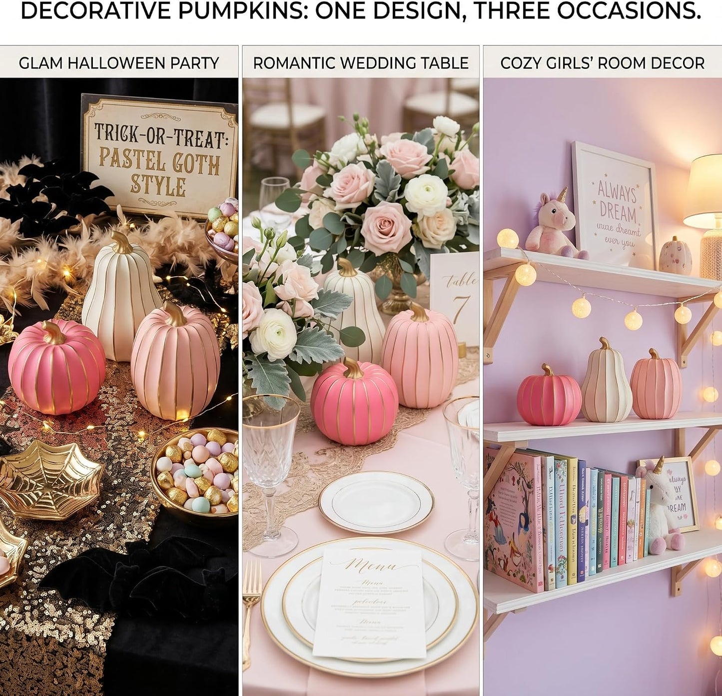 White Pink and Gold Pumpkin Decor, 3Pcs Resin Pumpkin Figurines Fall Decor