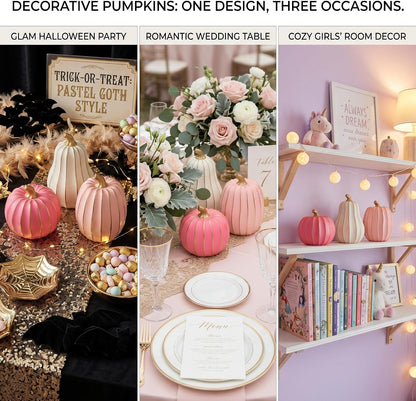 White Pink and Gold Pumpkin Decor, 3Pcs Resin Pumpkin Figurines Fall Decor