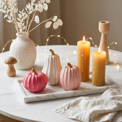 White Pink and Gold Pumpkin Decor, 3Pcs Resin Pumpkin Figurines Fall Decor