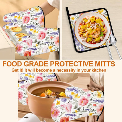 Pink Flower Oven Mitts and Heat Resistant Pads - Heat Resistant Gloves Potholder Set of 4 for Cooking, BBQ, Gifts for Women