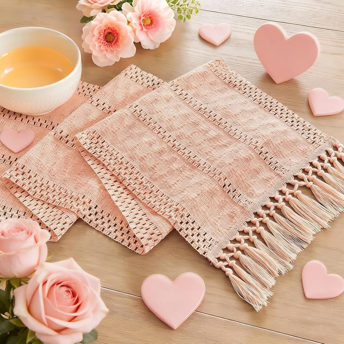 Boho Table Runner for Pink Tassel Home Decor 72 Inches Long, Rustic Macrame Cotton Linen Woven Coffee Table Runners for Wedding Party Baby Shower Dining Table Decoration, Pink
