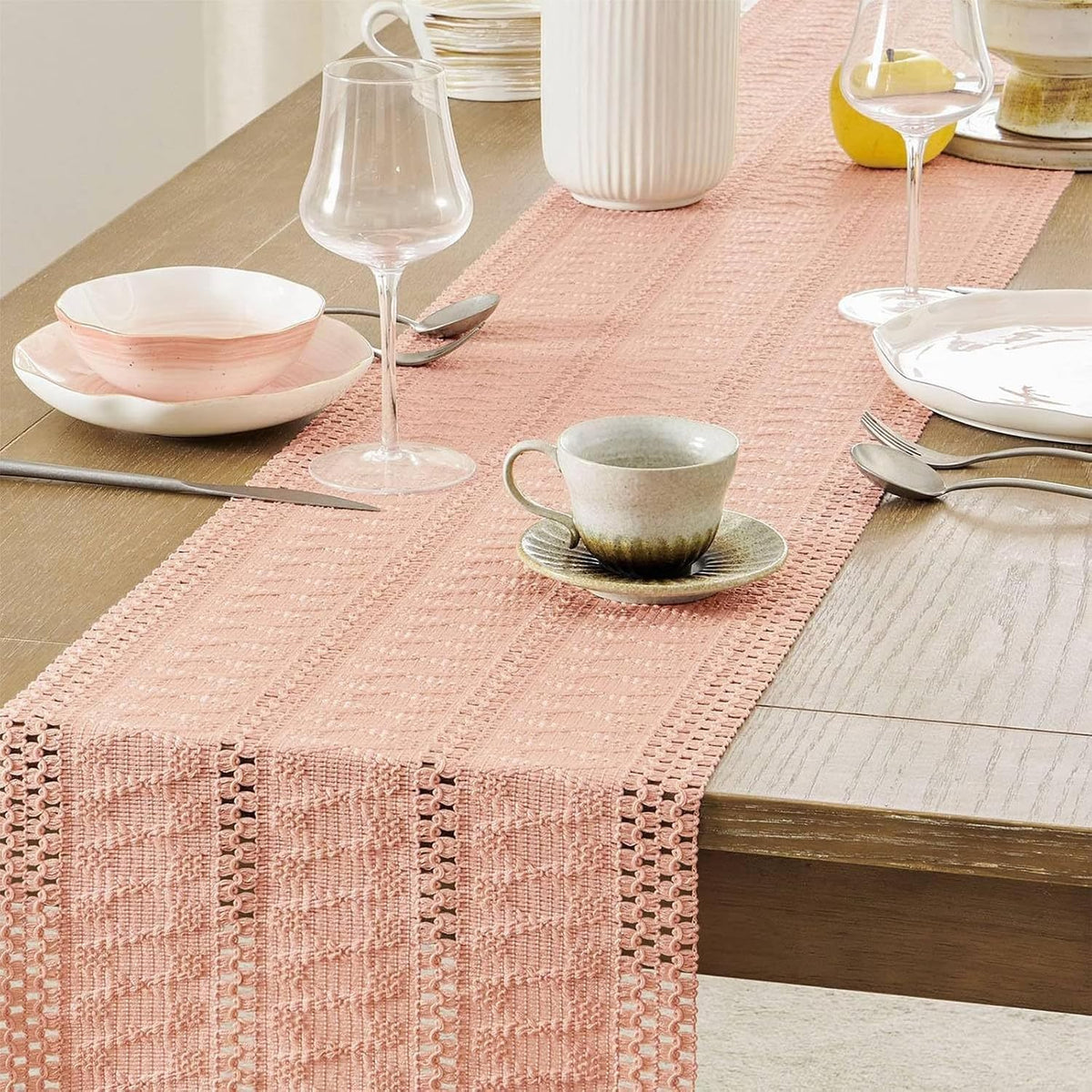 Boho Table Runner for Pink Tassel Home Decor 72 Inches Long, Rustic Macrame Cotton Linen Woven Coffee Table Runners for Wedding Party Baby Shower Dining Table Decoration, Pink