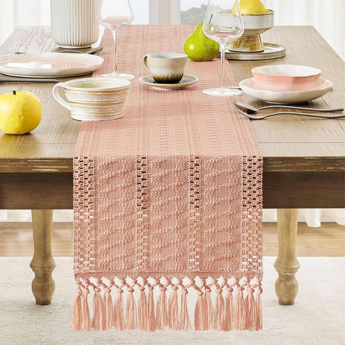 Boho Table Runner for Pink Tassel Home Decor 72 Inches Long, Rustic Macrame Cotton Linen Woven Coffee Table Runners for Wedding Party Baby Shower Dining Table Decoration, Pink