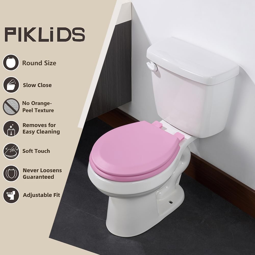Toilet Seat, Slow Close, Soft Touch, Ultra-Smooth Matte Finish (No Orange-Peel Texture), Premium Moulded Wood, Quick Release, (Pink, Round)