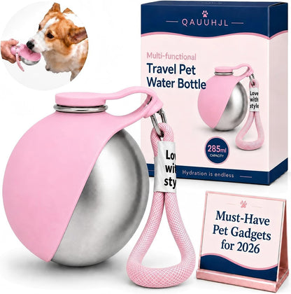 Dog Water Bottle 2-in-1 10oz Portable Pet Water Dispenser Leak Proof Stainless Steel Travel Bottle for Dogs Outdoor Walking Hiking Camping Bowl for Small Medium Dogs Easy Carry Lanyard (Pink)
