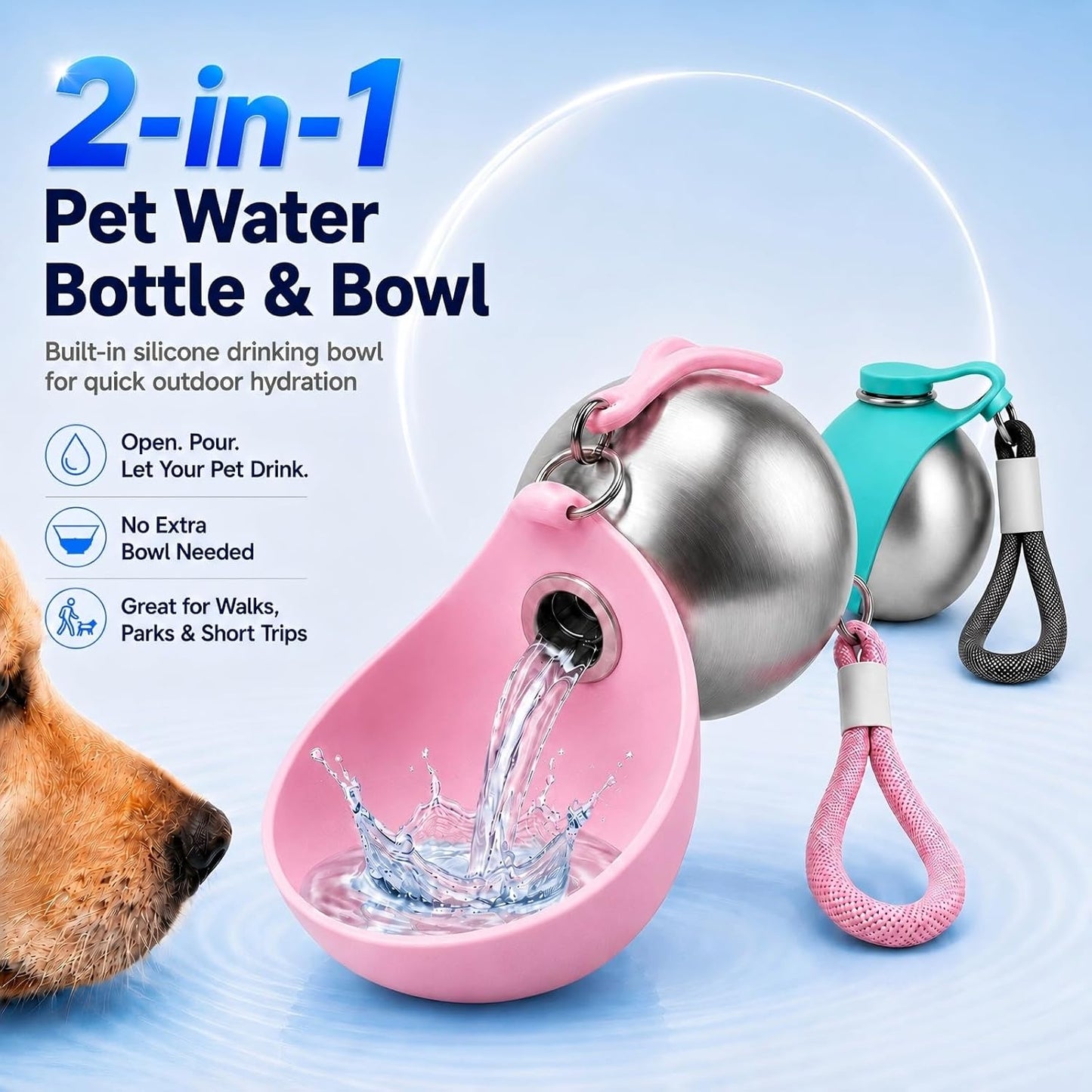 Dog Water Bottle 2-in-1 10oz Portable Pet Water Dispenser Leak Proof Stainless Steel Travel Bottle for Dogs Outdoor Walking Hiking Camping Bowl for Small Medium Dogs Easy Carry Lanyard (Pink)