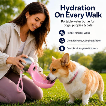 Dog Water Bottle 2-in-1 10oz Portable Pet Water Dispenser Leak Proof Stainless Steel Travel Bottle for Dogs Outdoor Walking Hiking Camping Bowl for Small Medium Dogs Easy Carry Lanyard (Pink)