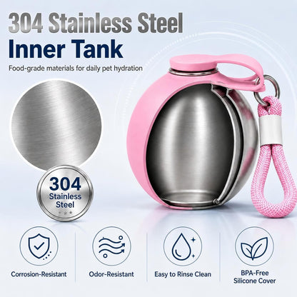 Dog Water Bottle 2-in-1 10oz Portable Pet Water Dispenser Leak Proof Stainless Steel Travel Bottle for Dogs Outdoor Walking Hiking Camping Bowl for Small Medium Dogs Easy Carry Lanyard (Pink)