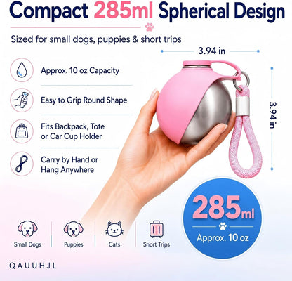 Dog Water Bottle 2-in-1 10oz Portable Pet Water Dispenser Leak Proof Stainless Steel Travel Bottle for Dogs Outdoor Walking Hiking Camping Bowl for Small Medium Dogs Easy Carry Lanyard (Pink)