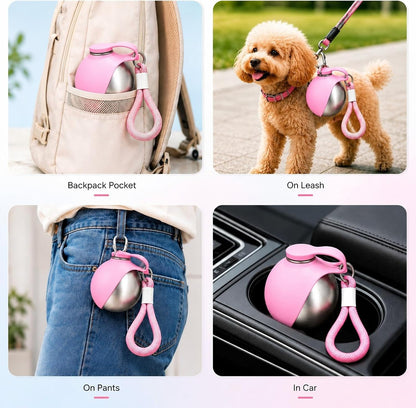 Dog Water Bottle 2-in-1 10oz Portable Pet Water Dispenser Leak Proof Stainless Steel Travel Bottle for Dogs Outdoor Walking Hiking Camping Bowl for Small Medium Dogs Easy Carry Lanyard (Pink)