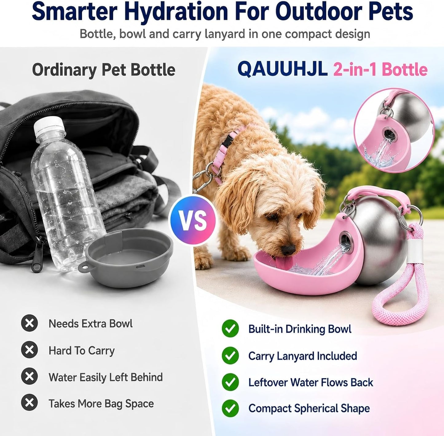 Dog Water Bottle 2-in-1 10oz Portable Pet Water Dispenser Leak Proof Stainless Steel Travel Bottle for Dogs Outdoor Walking Hiking Camping Bowl for Small Medium Dogs Easy Carry Lanyard (Pink)