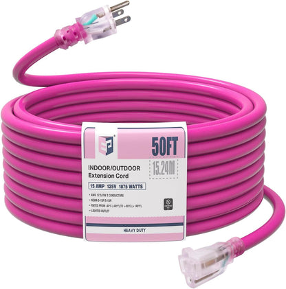 EP 50 Ft 12/3 SJTW Lighted Outdoor Extension Cord, Pink