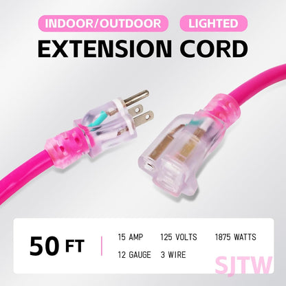EP 50 Ft 12/3 SJTW Lighted Outdoor Extension Cord, Pink