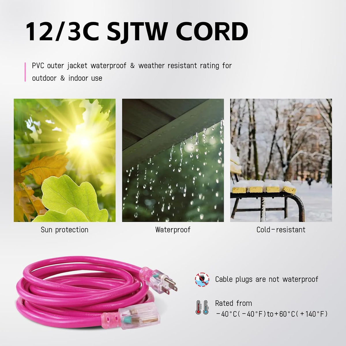 EP 50 Ft 12/3 SJTW Lighted Outdoor Extension Cord, Pink